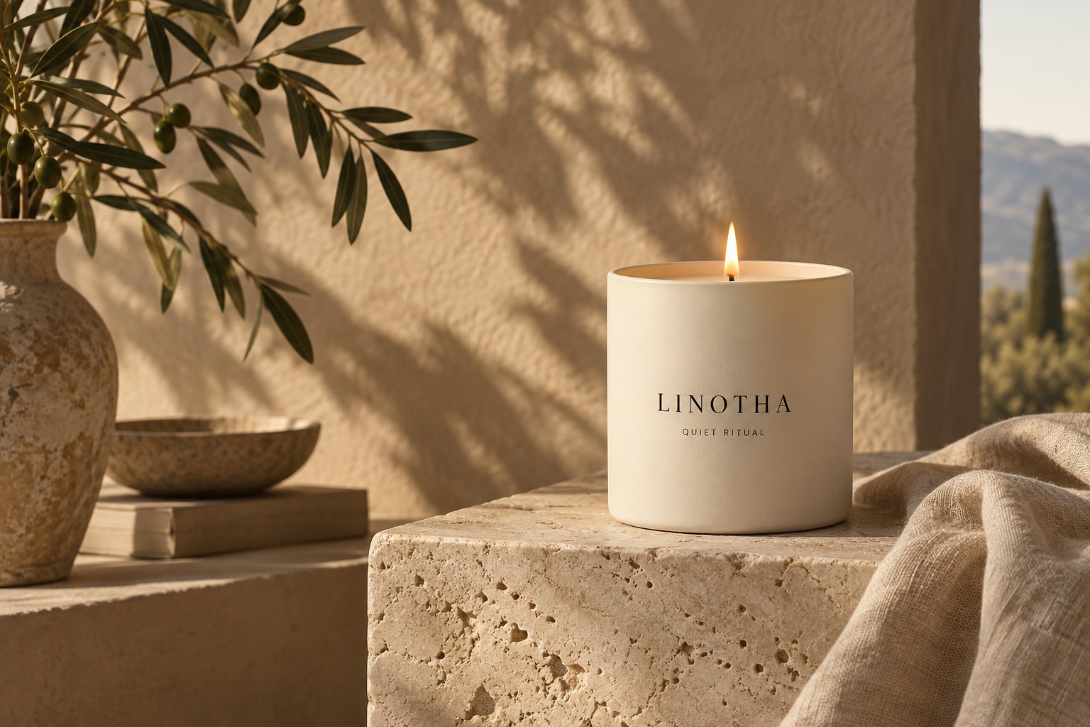 A lit Linotha candle on a travertine ledge, olive branches casting soft shadows on a warm plaster wall