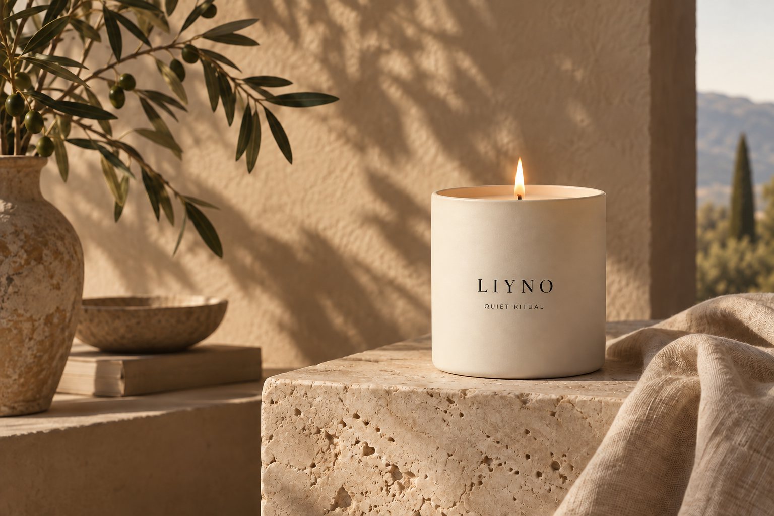 A lit Liyno candle on a travertine ledge, olive branches casting soft shadows on a warm plaster wall